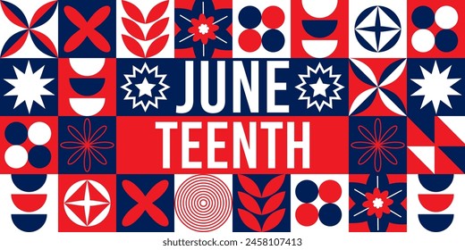 Anuncio geométrico de vacaciones del Día de la Libertad negro Juneteenth. Colores rojo y azul diseño fondo minimalista. Impresión afroamericana para el Día de la Independencia. Ilustración plana de Vector