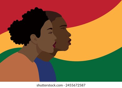 Juneteenth. A black man and a black woman in profile against the background of the flag. People side view. Portrait of Africans in the flat style. Vector color illustration for printing.