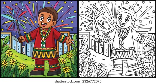 Juneteenth Boy and Fireworks Colored Illustration