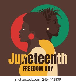 Juneteenth card design. African American man and woman in profile with text. Vector flat illustration