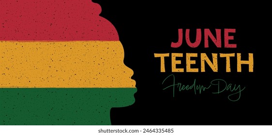 Juneteenth - Celebrate Freedom colorful vector typography banner. Textured woman silhouette on black background. Black Lives Matter. Freedom or Emancipation day. Annual american holiday.