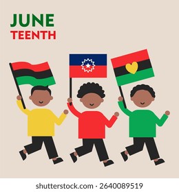 Juneteenth Celebrate Freedom Day. Juneteenth flat vector illustration. Template for background, banner, card, poster. Juneteenth Kids marching holding flag.