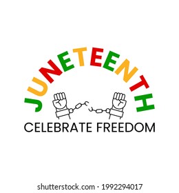 Juneteenth Celebrate Freedom Day. Two hands with clenched fists breaking chains. June 19 Jubilee, Liberationand and Emancipation Day. Vector illustration isolated. Design for banner, flyer, poster