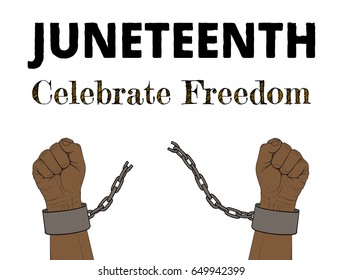 Juneteenth, Celebrate Freedom. Hand-drawn poster, hands with broken chain