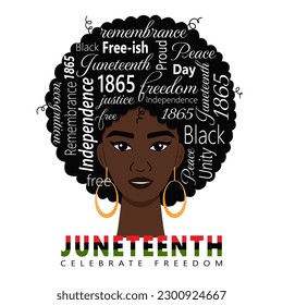 Juneteenth. Celebrate Freedom. Typographic Illustration With African Woman And Words Symbolizing African American National Independence Day. Vector illustration On A White Background.