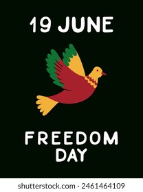 Juneteenth celebrating poster with pigeon traditional colors and text Freedom day. Vector flat hand drawn elements with text Freedom Day on black background. Vertical placard, banner for social media