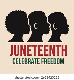 Juneteenth celebration with African American profiles in silhouette style, symbol of freedom, diversity, cultural pride, and emancipation day history