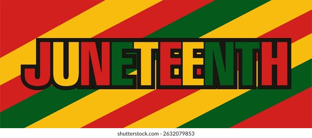 Juneteenth celebration banner with bold text, red yellow green Pan-African stripes, and abstract background symbolizing freedom, equality, and Black pride