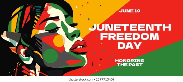 Juneteenth celebration banner with proud Black woman. Powerful vector illustration symbolizing freedom, culture and identity. Bold print design with historical significance, activism and unity.