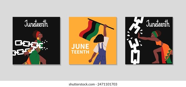 Juneteenth celebration cards set. African-American woman with Pan African flag. Woman in ethnic clothes breaks shackles, chains. Greeting square post background for Social media. Vector illustration.