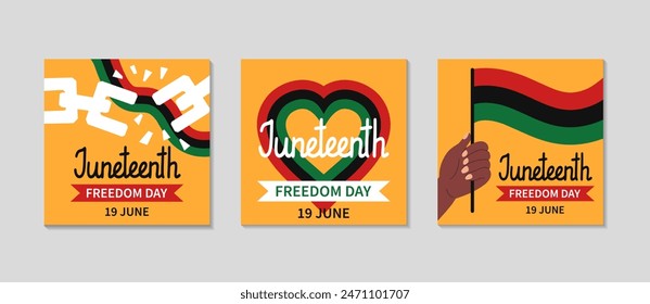 Conjunto de tarjetas de celebración Juneteenth. Fondo del poste cuadrado de saludo para los medios sociales. Fondo simple con grilletes rotos, cadenas y bandera panafricana, manos y corazón. Ilustración plana de Vector.