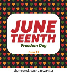 Juneteenth - celebration ending of slavery in USA, African American Emancipation Day - June 19. Vector Seamless pattern with hearts in African colors - red, green, yellow.  Greeting card, template