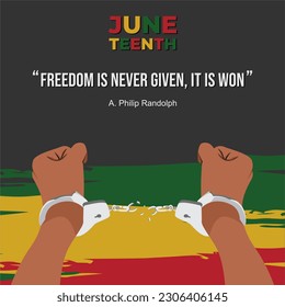 Juneteenth, celebration freedom, emancipation day in 19 june, African-American history and heritage. vector of a  hand breaking a chain.