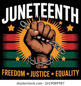 Gráfico de celebração do Juneteenth com correntes levantadas que quebram os punhos pela liberdade e igualdade