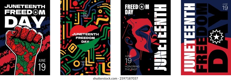Juneteenth celebration poster with African American heritage. Raised fist with Juneteenth flag and powerful typography symbolizing freedom, unity and emancipation on June 19 1865. Bold eps print set