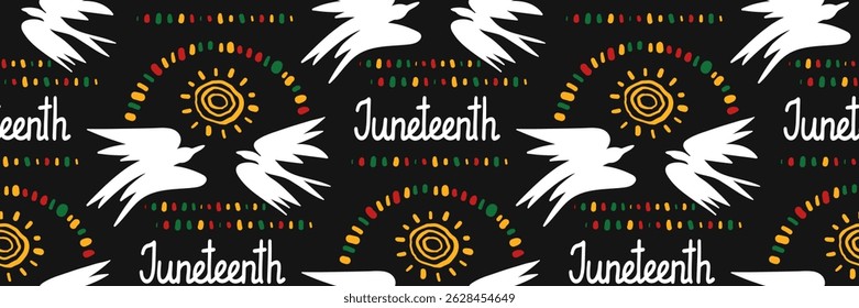 Juneteenth celebration seamless pattern. Abstract ethnic horizontal ornament with birds of freedom and lettering. African color ornament. For greeting card, banner. Vector doodle illustration.