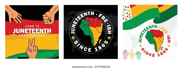 Juneteenth celebration theme. Symbolizes the end of slavery, unity, and empowerment. Juneteenth concept. Set flat vector illustration.