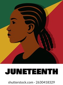 Juneteenth celebration vector of African American woman with braided hair in profile over Pan-African flag colors, symbol of freedom, history, and Black culture