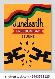 Juneteenth celebration vertical poster template. Simple background with broken shackles, chains and Pan African flag. African-American Independence Day. Vector flat illustration.