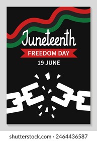 Juneteenth celebration vertical poster template. Simple background with broken shackles, chains and Pan African flag. African-American Independence Day. Vector flat illustration.