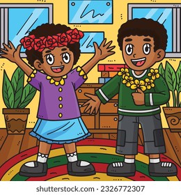 Juneteenth Children with Flowers Colored Cartoon 