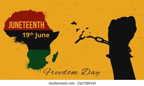 Juneteenth Day 19 June Poster Background. Emancipation Day Banner. Map of Africa and hand breaks the chains and gains freedom concept vector illustration.