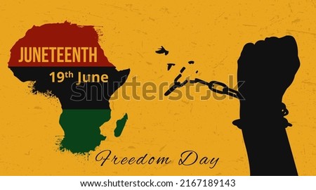 Juneteenth Day 19 June Poster Background. Emancipation Day Banner. Map of Africa and hand breaks the chains and gains freedom concept vector illustration.