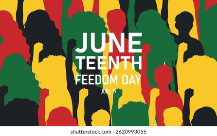 Juneteenth day banner with abstract people raised fist up. Freedom or Emancipation day. Annual american holiday. Poster, greeting card, banner and background. 