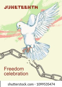 Juneteenth day. A broken chain and shackles. Dove, bird, symbol of peace and happiness, liberty. Hand sketch style drawing. The sleek silhouette on a white background. White bird on a light background