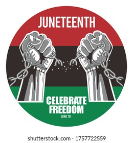 Juneteenth Day, celebration freedom, emancipation day in 19 june, African-American history and heritage. vector of a black hand breaking a chain.