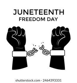 Juneteenth day of freedom from slavery.Silhouette of a man's hands breaking the shackles.Black and white color.Vector stock illustration.