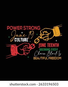 Juneteenth design com punhos quebrando correntes e texto Poder Forte junho 19 Cultura Juneteenth quebrando cada cadeia Preto é bela liberdade