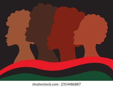 Juneteenth emancipation. Freedom Day is June 19. Silhouette face head in profile ethnic group of black African and African American men and women.