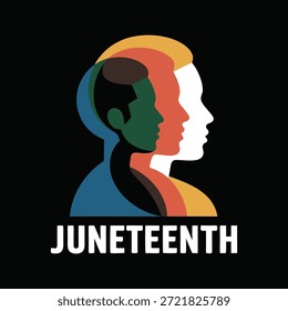 Emblema de Juneteenth con siluetas superpuestas en múltiples colores, que representan la fuerza de la diversidad.