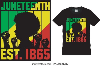 Juneteenth est. 1865, Juneteenth day t shirt design vector, typography template. Celebrating Independence Day black freedom 1865, 4th of July t shirt design. This design ready for POD, banner, etc.