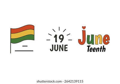 Juneteenth flag, 19 June date, and bold text icon set celebrating African American freedom, emancipation day, independence, equality, and Black heritage awareness