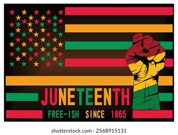  Juneteenth flag design with a symbolic fist, representing freedom, unity, and cultural heritage. Commemorates the emancipation of enslaved African Americans in the United States.  