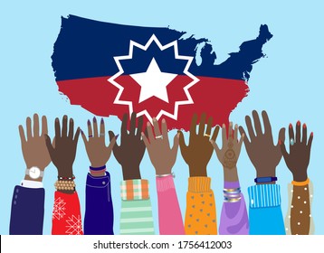 Juneteenth flag at the United States of America map, dark skinned hands raised up. June 19, 1865 - Freedom Day, slavery abolition, african american people emancipation, unequality protest. Flat vector