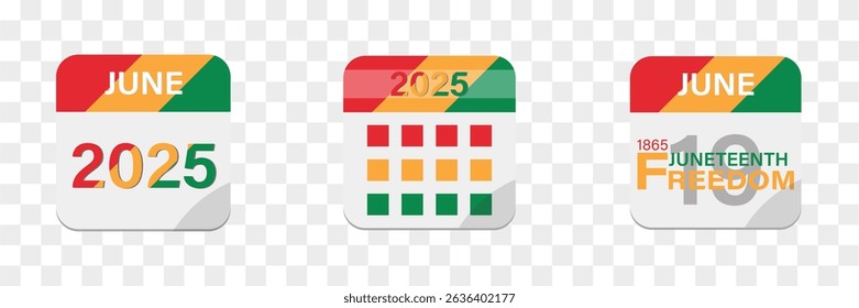 Juneteenth freedom Calendar icon set. Juneteenth Emancipation Day, Calendar sign business concept. Calendar 2025 in flat style vector stock illustration.