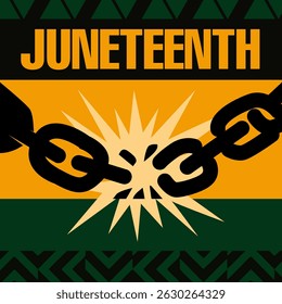 Juneteenth freedom celebration with broken chains, pan-African colors, and bold design symbolizing emancipation, equality, and African American pride