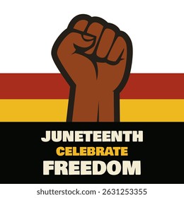 Juneteenth freedom celebration vector with raised fist and Pan-African flag stripes, symbolizing justice, pride, and emancipation of African Americans