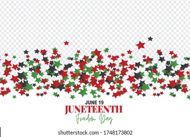 Juneteenth Freedom Day. 19 June African American Emancipation Day. Annual American holiday. Black, red, and green banner background with stars. Overlay with transparency. Vector illustration.