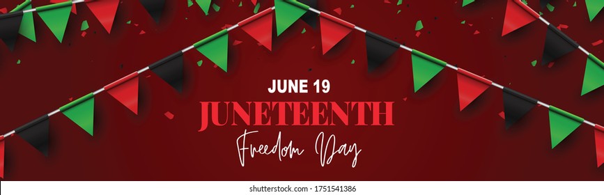 Juneteenth Freedom Day. 19 June African American Emancipation Day. Annual American holiday. Black, red, and green banner background with lettering, bunting flags. Vector illustration.