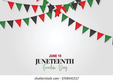 Juneteenth Freedom Day. 19 June African American Emancipation Day. Annual American holiday. Black, red, and green banner background with lettering and bunting flags. Vector illustration.
