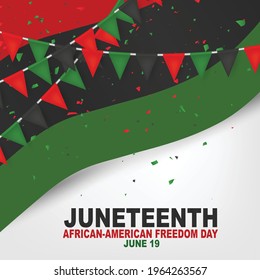 Juneteenth Freedom Day. 19 June African American Emancipation Day. Annual American holiday. Black, red, and green banner background with lettering and bunting flags. Vector illustration.