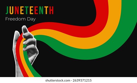 Juneteenth Freedom Day Abstract Background, Banner, Poster, Greeting Card. June 19. African-American history and heritage. Juneteenth flag wave in collage human hand