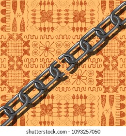 Juneteenth, Freedom Day. African-American Independence Day, June 19. The concept of a national holiday. Broken chain. Background - African ornaments. Brown shades