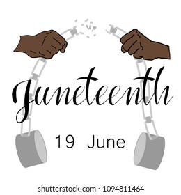 Juneteenth, Freedom Day. African-American Independence Day, June 19. The concept of a national holiday. The mans hands broke the chain of handcuffs. Vector illustration