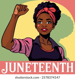 Juneteenth. Freedom day. Annual american holiday, celebrated in June 19. African-American history. Vintage vector poster with young black independent woman. 