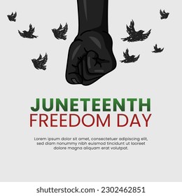 Juneteenth Freedom Day Background Design. Emancipation Day. Arm breaking chains. Chains breaking with doves. Liberation Day. Banner, Poster, Greeting Card. Vector Illustration.